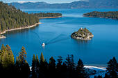 USA California CA Lake Tahoe Emerald Bay and Fannette Island tour boat entering the bay - Stock Image