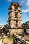 Observation Tower at El Palacio, Maya ruins at Palenque archaeological site, Chiapas, Mexico - Stock Image