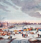 Frost fair of 1683 on River Thames, London, England - Stock Image